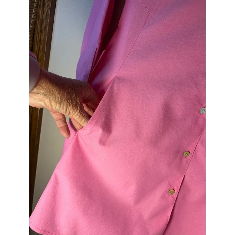 Foxcroft NYC Heritage Non-Iron Pink Cotton Button Down Tunic Shirt Pockets 12